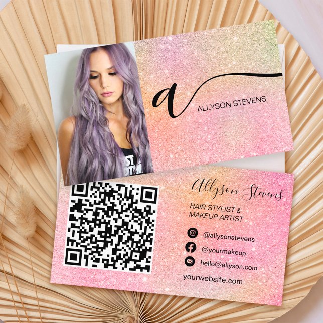 Fotoinledande qr-kod för mjuk glitter hårmakeup visitkort (Skapare uppladdad)