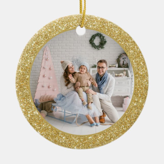 Fotojul för familjen Faux Guld Glitter Julgransprydnad Keramik (Framsidan)