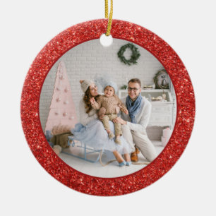 Fotojul för familjen Faux Red Glitter Julgransprydnad Keramik