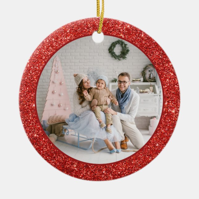 Fotojul för familjen Faux Red Glitter Julgransprydnad Keramik (Framsidan)