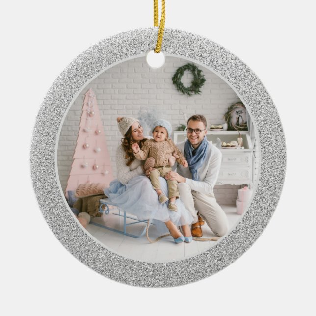 Fotojul för familjen Faux Silver Glitter Julgransprydnad Keramik (Framsidan)