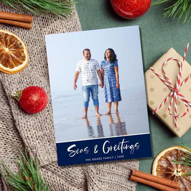 Fotojul för familjen Florida Beach Blue Rand Julkort (Florida Beach Blue Stripe Family Photo Christmas Holiday Card)