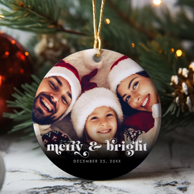 Fotojul för familjen Merry & Bright Retro Copy Julgransprydnad Keramik (Merry & Bright Retro Copy Family Photo Christmas Ceramic Ornament)