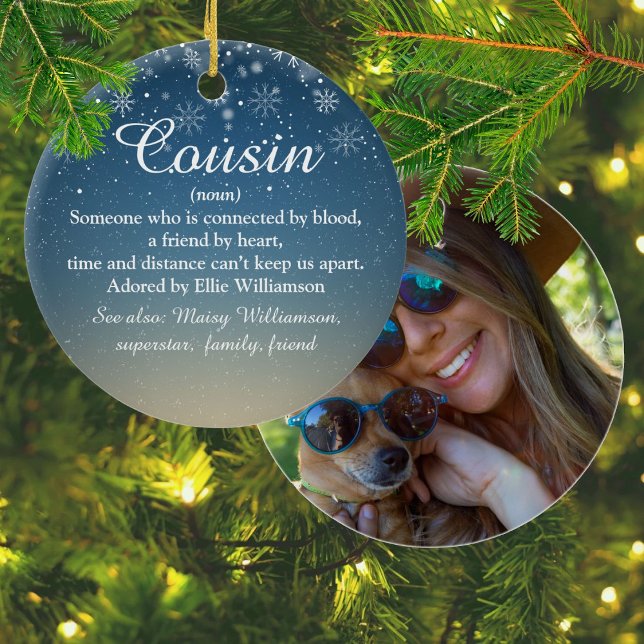 Fotojul för kusin i definitionsskript julgransprydnad keramik (Cousin Definition Script Photo Christmas Ceramic Ornament)