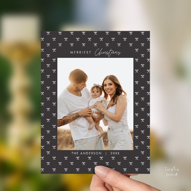 Fotojul för Modern Charcol Bow Mönster-familjen Vykort (Modern Charcoal Bow Pattern Family Photo Christmas Postcard in Vintage Charcoal Grey theme)