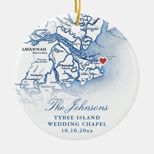 Fotojul i Tybee Island GA Karta Bröllop Julgransprydnad Keramik (Framsidan)