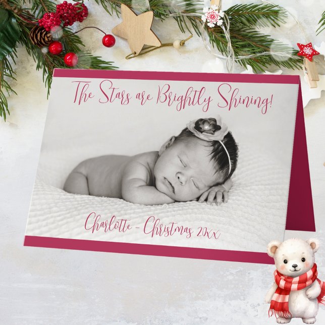 Fotojulkort med Rött Baby Namn Helgkort (Photo Christmas Card with Baby Name Red)