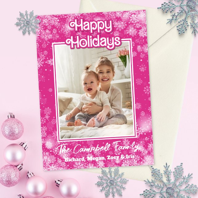 Fotojulkort | SHOCK ROSA | Vitsiga flingor Julkort (Hot pink one photo whimsical snowflake holiday Christmas card)