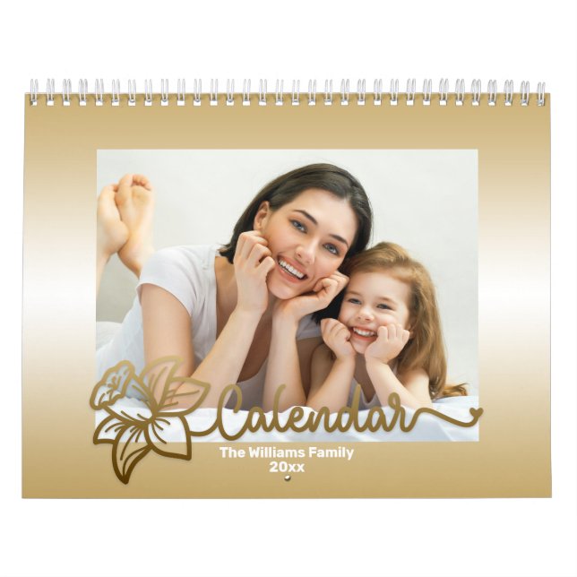 Fotokalender för familjen, redigerbar Guld-blomma Kalender (Omslag)