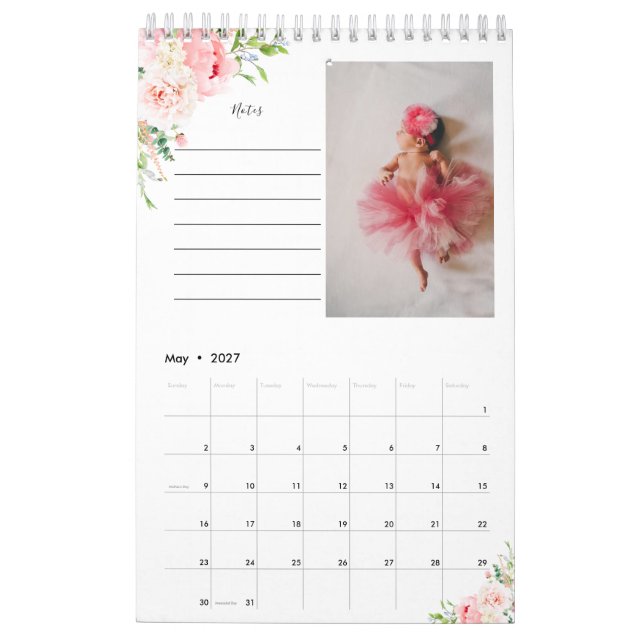 Fotokalender för  Rosa Blommigt med anteckningar Kalender (May 2027)