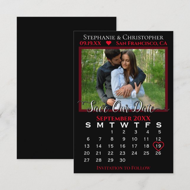 Fotokalender Svart och Röd Bröllop Spara - datum Kort (Fram/baksida)