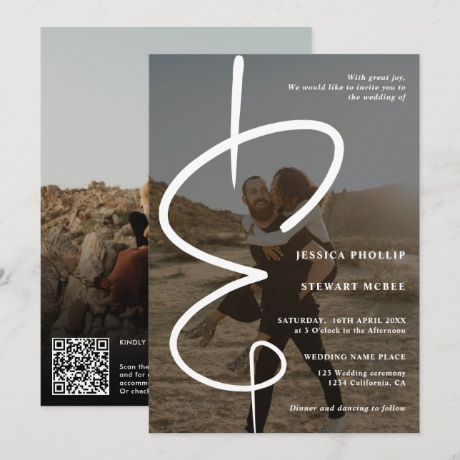 Fotokalligrafi för Ampersand chic Qr-kod bröllop Inbjudningar (Fram/baksida)