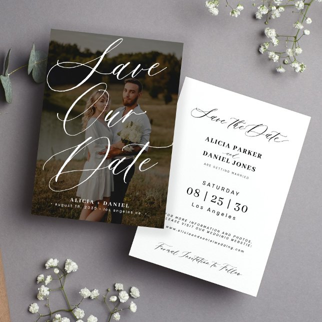 Fotokalligrafiskript för elegant i modern bröllop spara datumet (Skapare uppladdad)