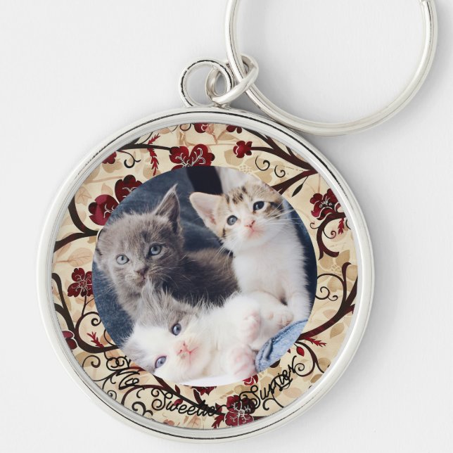 Fotokedjan Cute Cat Lover Memorial Foto Keychain Rund Silverfärgad Nyckelring (Framsidan)