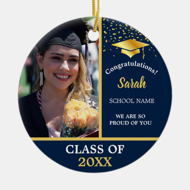 Fotoklass 2025 för marint blått Guld Studenten Julgransprydnad Keramik (Framsidan)