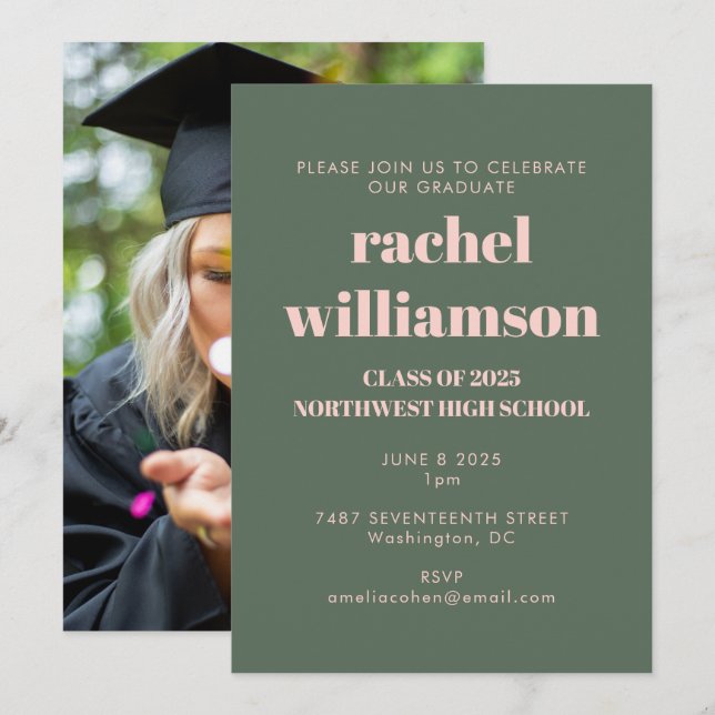 Fotoklass för Studentfest av 2024 Rosa Grönt Inbjudningar (Fram/baksida)