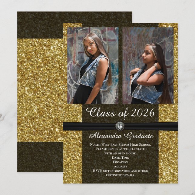 Fotoklass guld Glitter 2021 Studenten Inbjudningar (Fram/baksida)