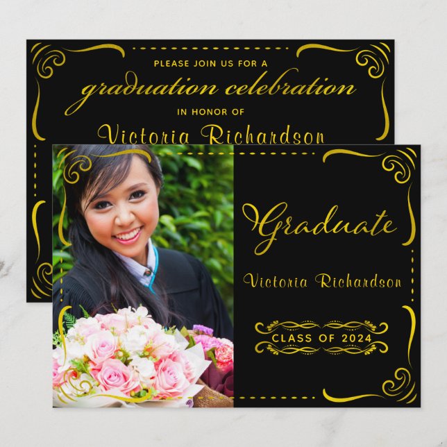 Fotoklass i Black and Faux Guld 2024 Studenten Inbjudningar (Fram/baksida)
