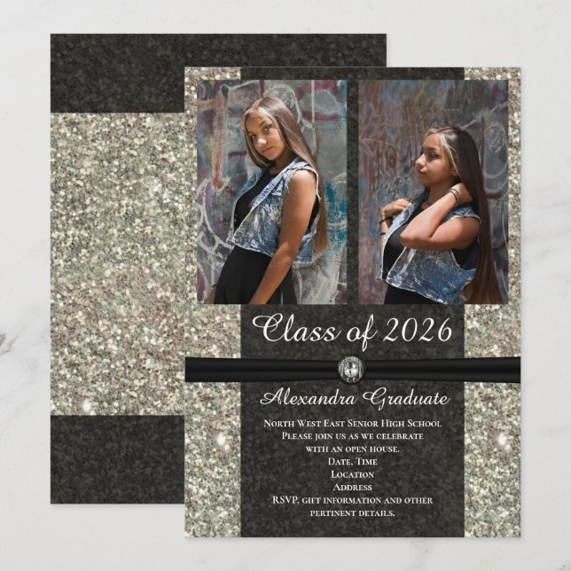 Fotoklass silver Glitter 2021 Studenten Inbjudningar (Fram/baksida)