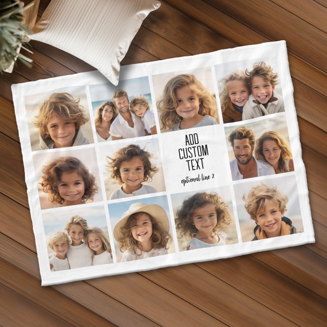 Fotokollage - 11 Bilder med textblock 2 linjer Fleecefilt (Personalized fleece blanket with 11 photos and custom text)