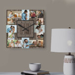 Fotokollage 16 Bild Brown Wood numrerad Fyrkantig Klocka<br><div class="desc">Fotoväggklocka med 16 av dina favoritfoton. Utformningen har en rustik brun träbakgrund och snyggt klocka ansikte med moderna siffror. Fotomallen är ett redo för dig att ladda upp dina foton, som visas i 2x porträtt, 2x liggande och 12x fyrkantig/instagram bild. Bläddra i butiken om du vill ha alternativ stilar och...</div>