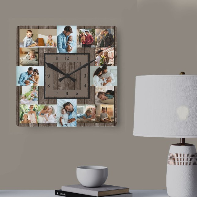 Fotokollage 16 Bild Brown Wood numrerad Fyrkantig Klocka (Skapare uppladdad)