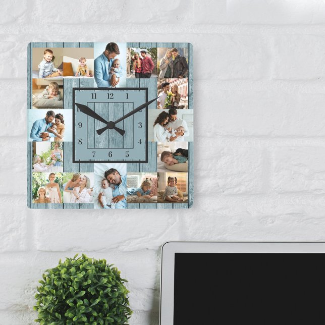 Fotokollage 16 Bild Kustblått trä Fyrkantig Klocka (Coastal blue wood effect clock 16 of your photos and the numbers framed in a square)