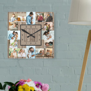 Fotokollage 16 Bild Rustic Wood numrerad Fyrkantig Klocka