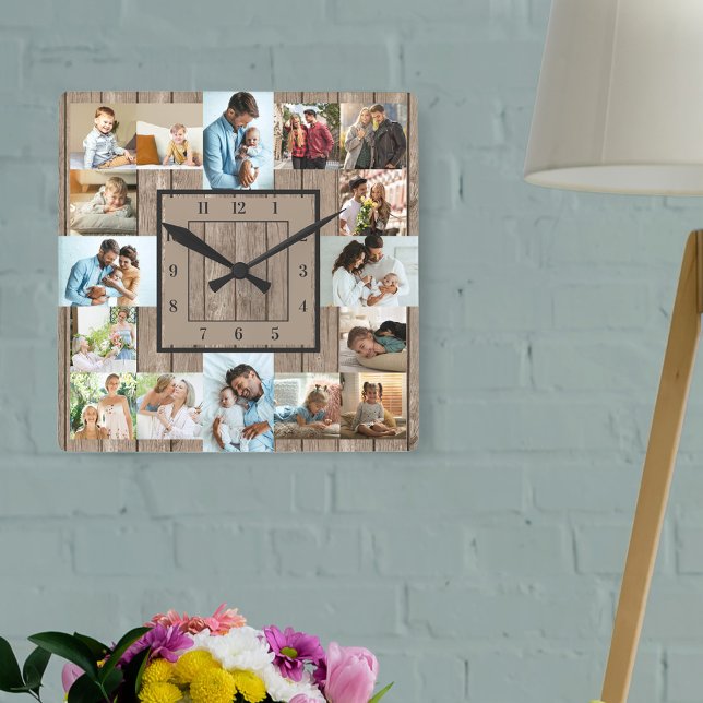 Fotokollage 16 Bild Rustic Wood numrerad Fyrkantig Klocka (Designer photo clock with photo collage of square, landscape and vertical pictures)
