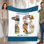 Fotokollage 18:e födelsedag Blå Bild Fleecefilt<br><div class="desc">Anpassningsbar Bild Blanket med 12 av dina favoritfoton. Snyggtens fotokollage är i form av nummer 18 på en vit bakgrund med havets blå gräns. Filten kan också vara personlig med namn och födelsedatum du väljer. Mallen är konfigurerad så att du kan lägga till dina familjefotografier, selytor och bilder som arbetar...</div>