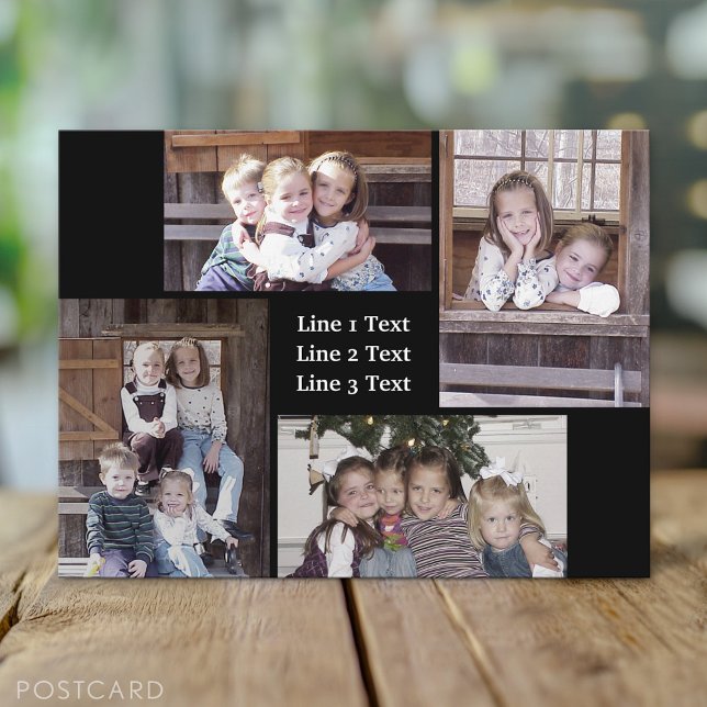 Fotokollage - 4 foton Basic Black & White Text Vykort (Custom Personalized Photo Collage Postcard)