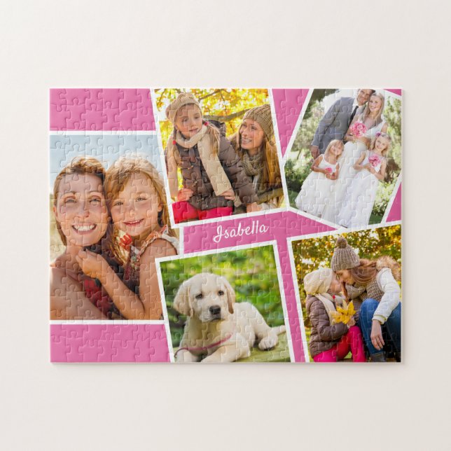 Fotokollage - 5 Bilder och ditt namn - Rosa Pussel (Horisontell)