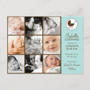 Fotokollage Aqua Grönt Baby Birth Notice Meddelande Vykort