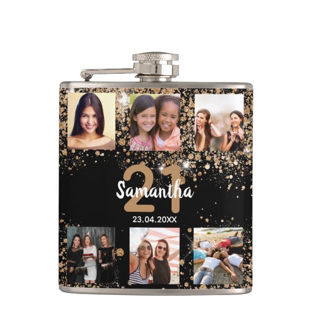 Fotokollage av födelsedagsmat svart guld glitter n fickplunta (Framsidan)
