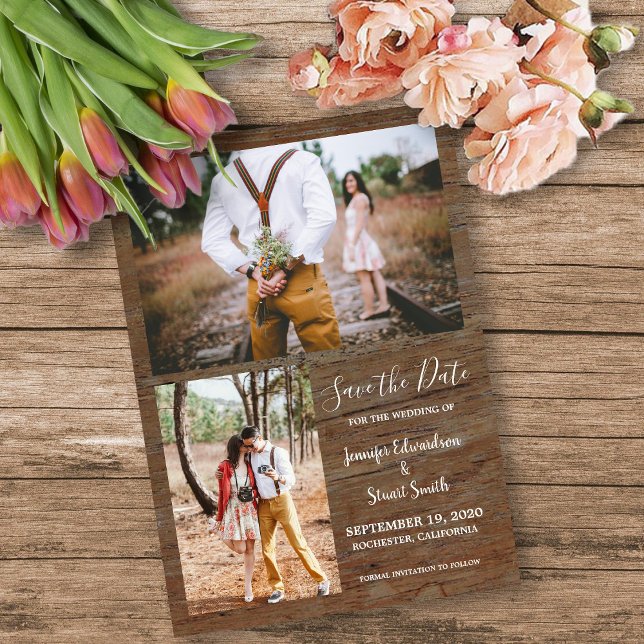 Fotokollage av land från Rustic bröllop Inbjudningar (Rustic barn wood photo collage rustic wedding invitation.)