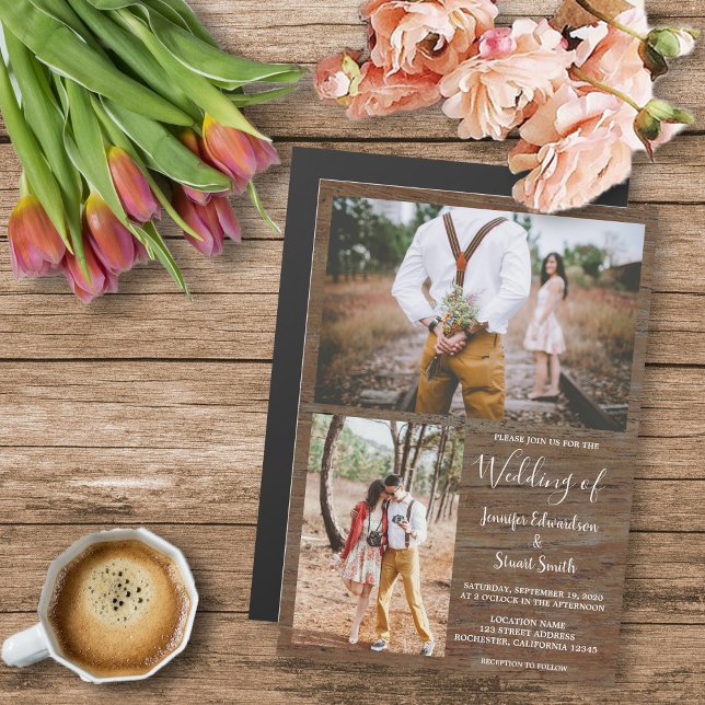 Fotokollage av land från Rustic bröllop Magnetisk Inbjudningskort (Rustic barn wood photo collage magnetic wedding invitation.)
