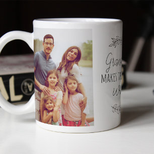 Fotokollage av typ morföräldrars dag i familjen kaffemugg
