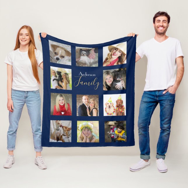 Fotokollage Blanket Navy Blue med Namn Fleecefilt (På plats)
