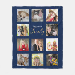 Fotokollage Blanket Navy Blue med Namn Fleecefilt