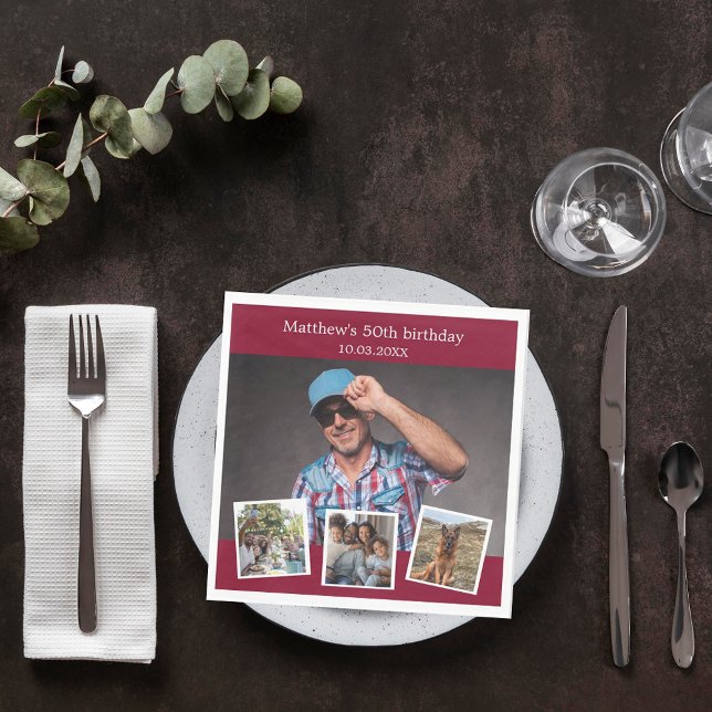 Fotokollage burgundy-födelsedagsfest pappersservett (Skapare uppladdad)