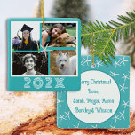 Fotokollage-datum för Starfish Turcos-familjen Julgransprydnad Keramik<br><div class="desc">Turkos julprydnad med stjärndesign och fyra fotomallar. Med detta platta, kvadratiska träd-prydnadsämne kan stora familjer fler foton i ett litet paket. Det tropiska temat är blå och vit grönt. Stora siffror på framsidan för året är under de fyra bilderna. En vit havsstjärna mönster dekorerar baksidan med en formulering som kan...</div>