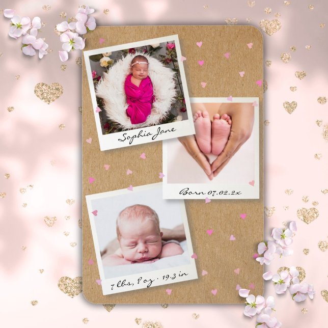 Fotokollage Flicka Birth Stats Announcement Magnet (Photo Collage Baby Girl Birth Stats Announcement Magnet)