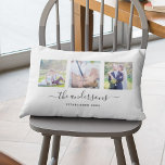 Fotokollage för Anpassningsbarna Family Namn Calli Lumbarkudde<br><div class="desc">Fyllning med 3 fyrkantiga foton placerade sida vid sida på fram- och baksidan skapar sammanlagt 6 foton som du kan ersätta med egna foton mot en vit bakgrund. Du kan också lägga till namn i familjen i ett snyggt-kalligrafteckensnitt och det år som skapats. Perfekt för heminredning, nya lyweder, familjekök osv....</div>