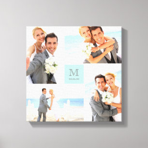 Fotokollage för Aqua Modern Grid Monogram Bröllop Canvastryck