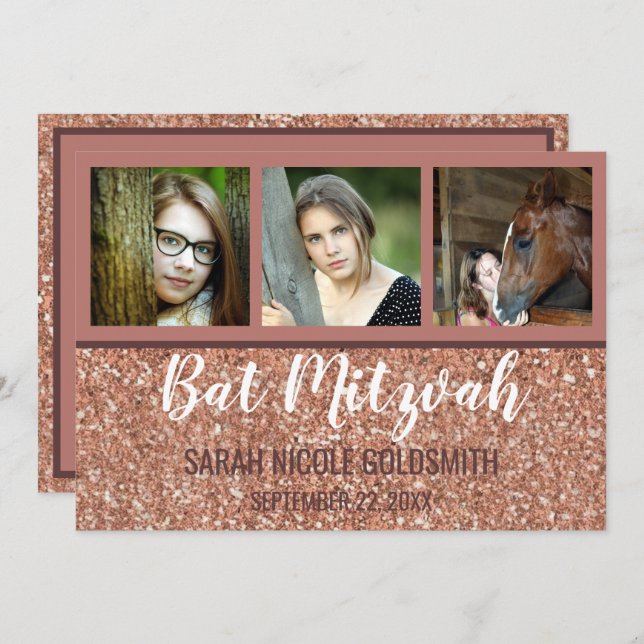 Fotokollage för bat mitzvah Ro Guld Faux Glitter Inbjudningar (Fram/baksida)