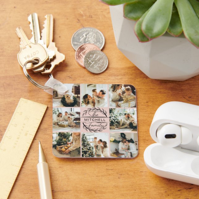 Fotokollage för elegant Modern  Rosa-familjen Nyckelring (Skrivbord)