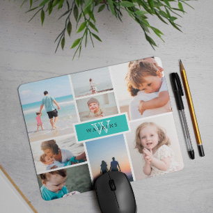 Fotokollage för enkel familj och monogram musmatta