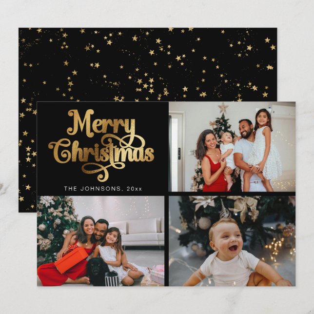 Fotokollage för familjen Faux Guld God jul Julkort (Fram/baksida)