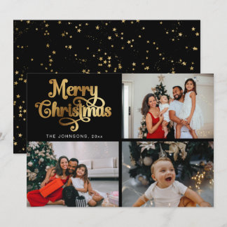 Fotokollage för familjen Faux Guld God jul Julkort