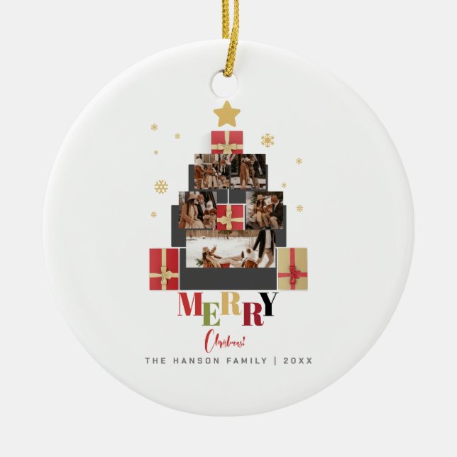 Fotokollage för familjen god jul Träd Julgransprydnad Keramik (Framsidan)